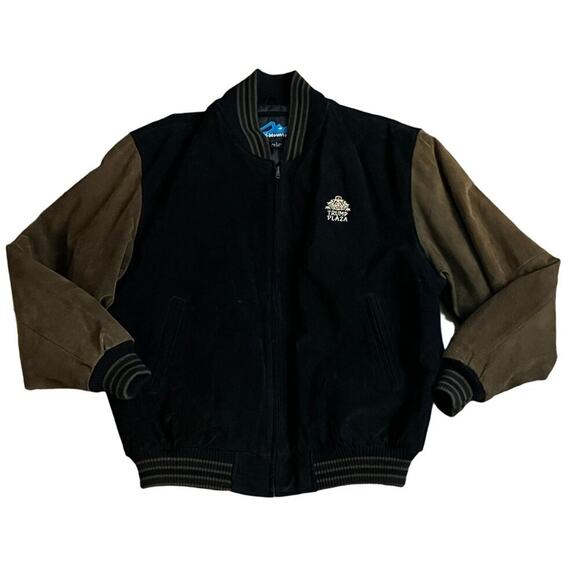 Vintage 90 Y2K Trump Plaza Varsity Leather Jacket Black Brown Mens Size Large - Picture 1 of 5